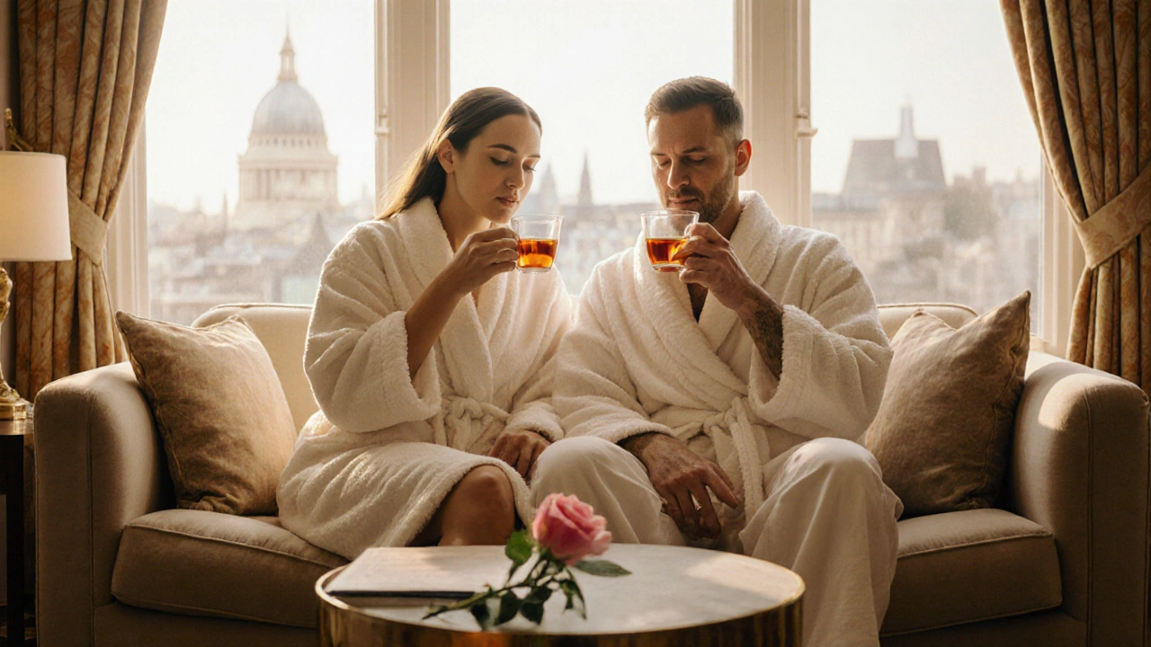 A couple relaxing together after a massage, wrapped in robes, sipping tea in golden afternoon light.