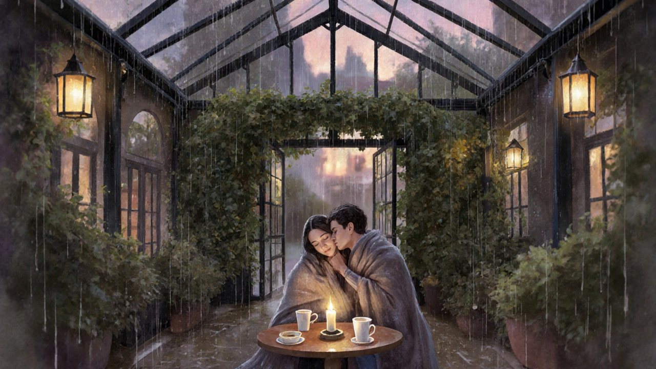 A couple shares a blanket under a glass roof at twilight, candlelight between them, surrounded by soft greenery and gentle rain.