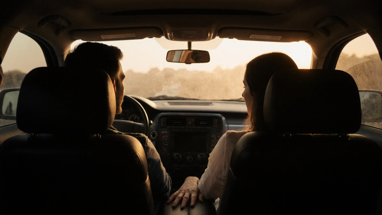 A couple sitting quietly in a car after a massage, hands gently touching, no phones, golden hour light outside.