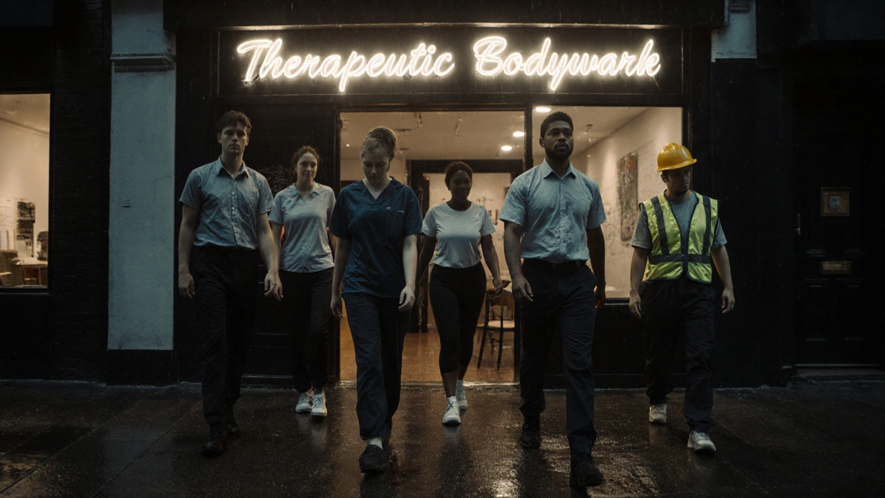 A diverse group of Londoners entering a massage clinic, their body language shifting from tension to calm as they step into a space of rest and recovery.