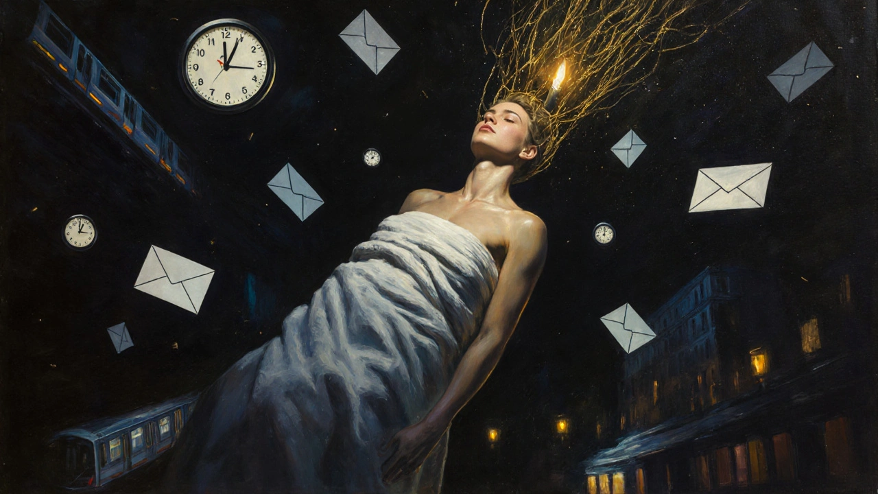 A figure floating in a dark cityscape, freed from stress icons by golden threads of relaxation.