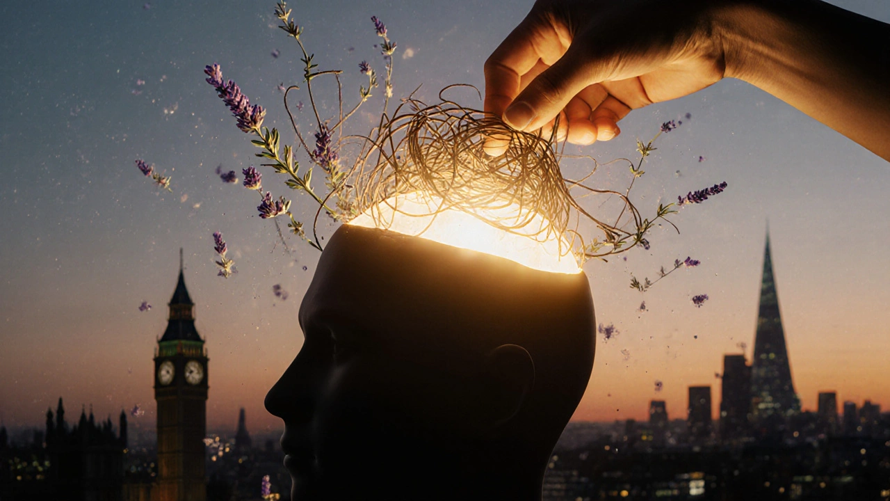 A glowing human head with tension threads being unraveled by fingers, surrounded by calming herbal essences.