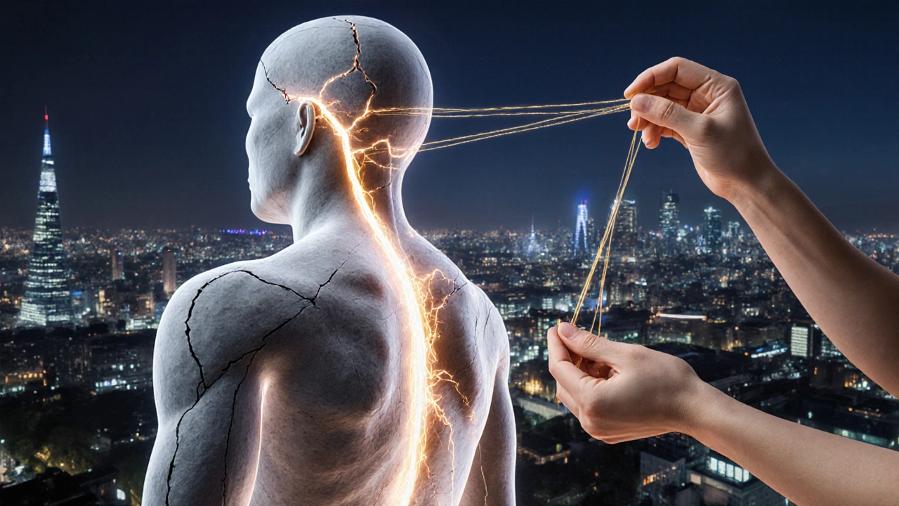 A human body depicted as a city with tension lines being restored by golden energy threads.