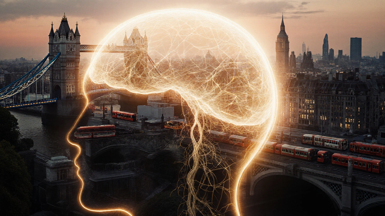 A human head dissolving into golden light and neural waves, symbolizing stress relief against a quiet London skyline.