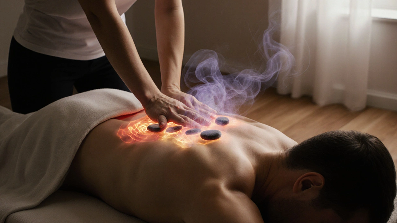 A massage therapist’s hands working on a back with glowing heat and lavender mist in a quiet studio.