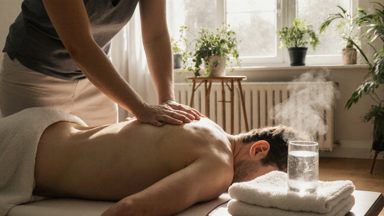 A massage therapist works gently on a client&#039;s back in a sunlit living room, surrounded by plants and a glass of water.