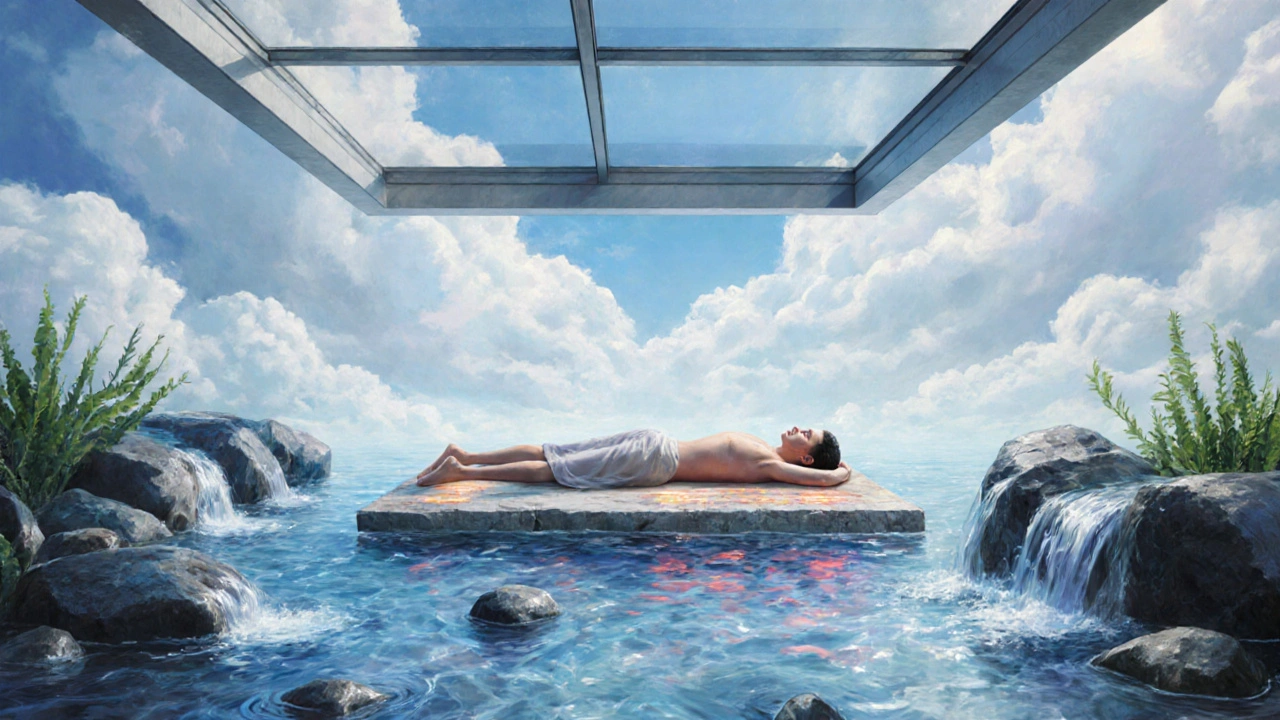 A person floating peacefully above heated stones under a sky ceiling, clouds drifting above.