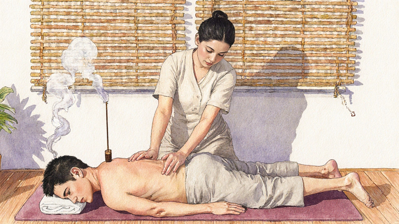 A Thai massage therapist gently stretching a clothed client in a quiet, plant-filled studio.