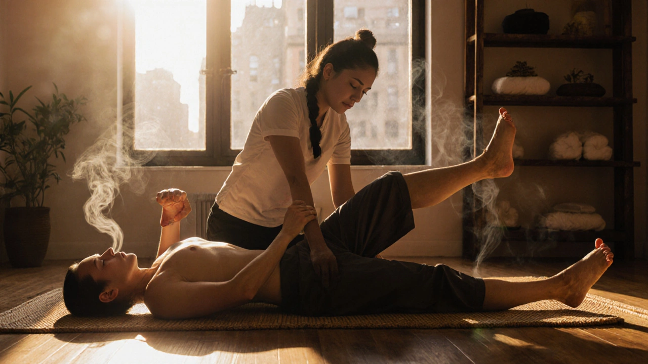 A Thai therapist gently stretching a clothed client on a mat during a massage session in a calm studio.