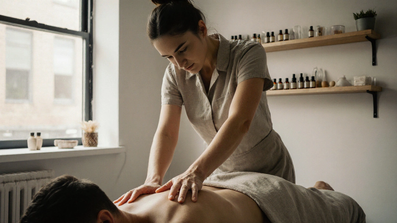 A therapist applying deep tissue massage in a minimalist Shoreditch studio with natural daylight and organic supplies.