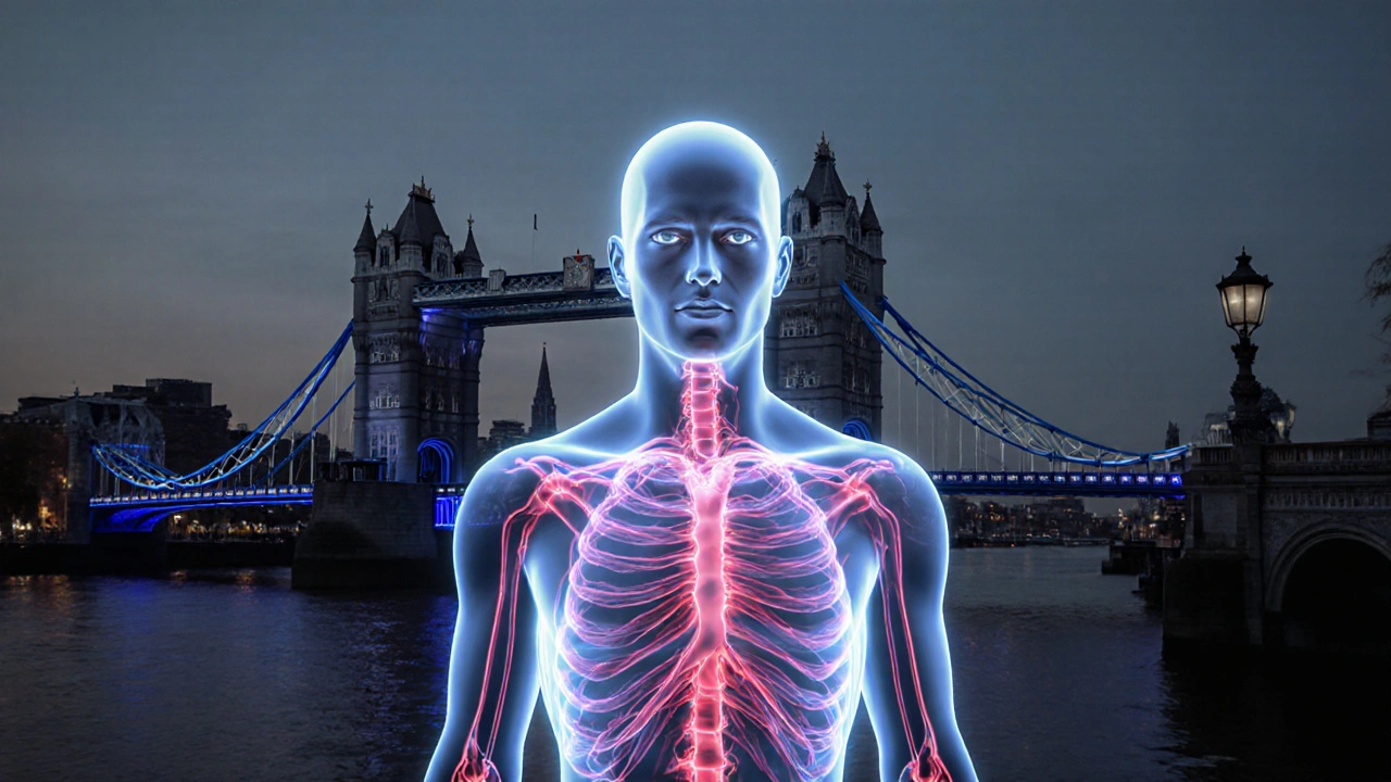 A translucent human figure with glowing pathways symbolizing reduced stress and improved mood.