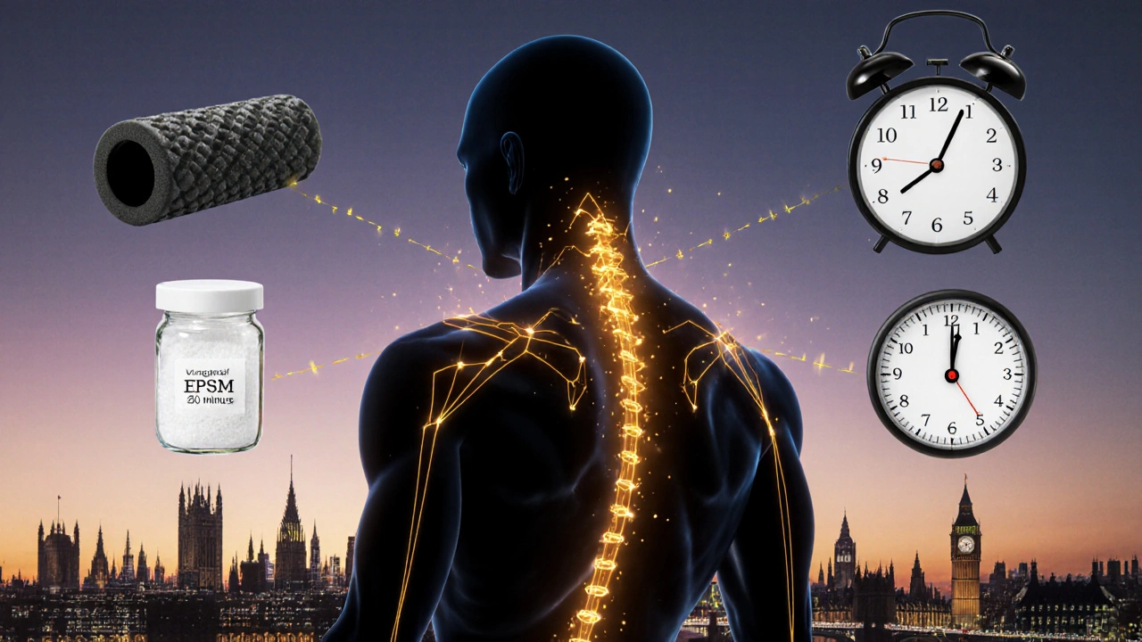 Abstract silhouette with golden tension threads releasing from body, overlaid with wellness symbols and London skyline.