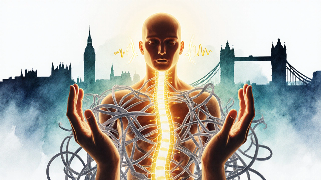An artistic representation of a human body releasing tension from a web of stress, cradled by glowing hands as calming energy flows through the spine.