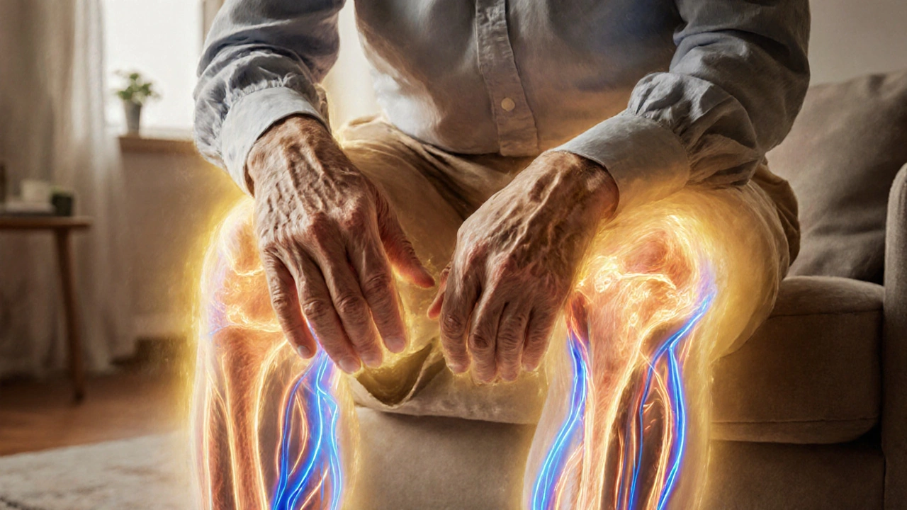 An elderly man with golden rays of circulation flowing through his legs, symbolizing improved blood flow and relaxation.