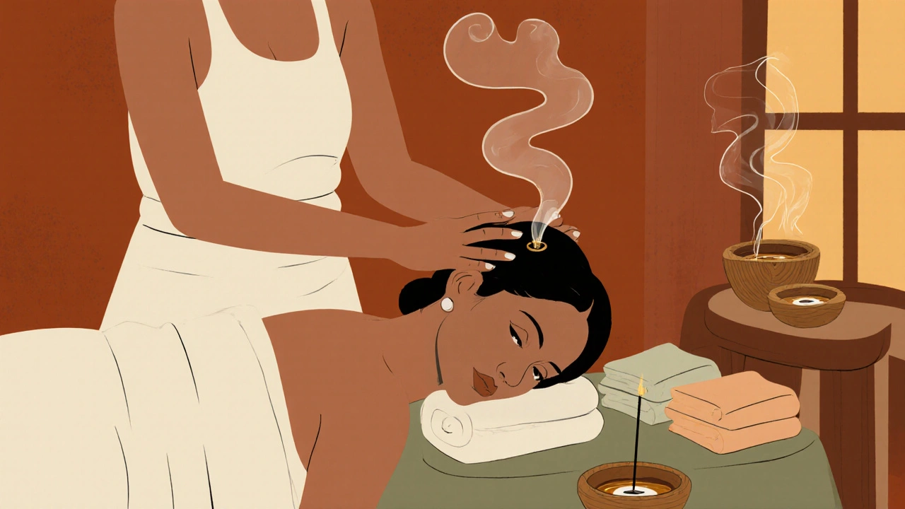 An Indian head massage session in a calm studio with warm oil, soft lighting, and therapist using rhythmic hand movements.