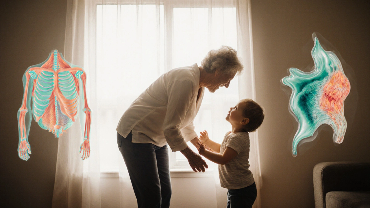 An older woman joyfully bending to pick up her grandchild, representing restored mobility after massage therapy.