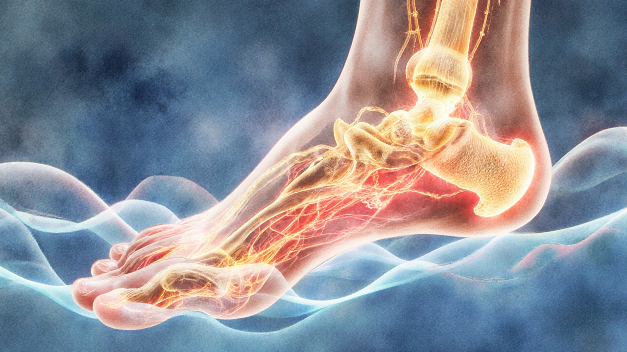 Anatomical foot with glowing pathways showing circulation and nerve signals connecting to the brain and spine.