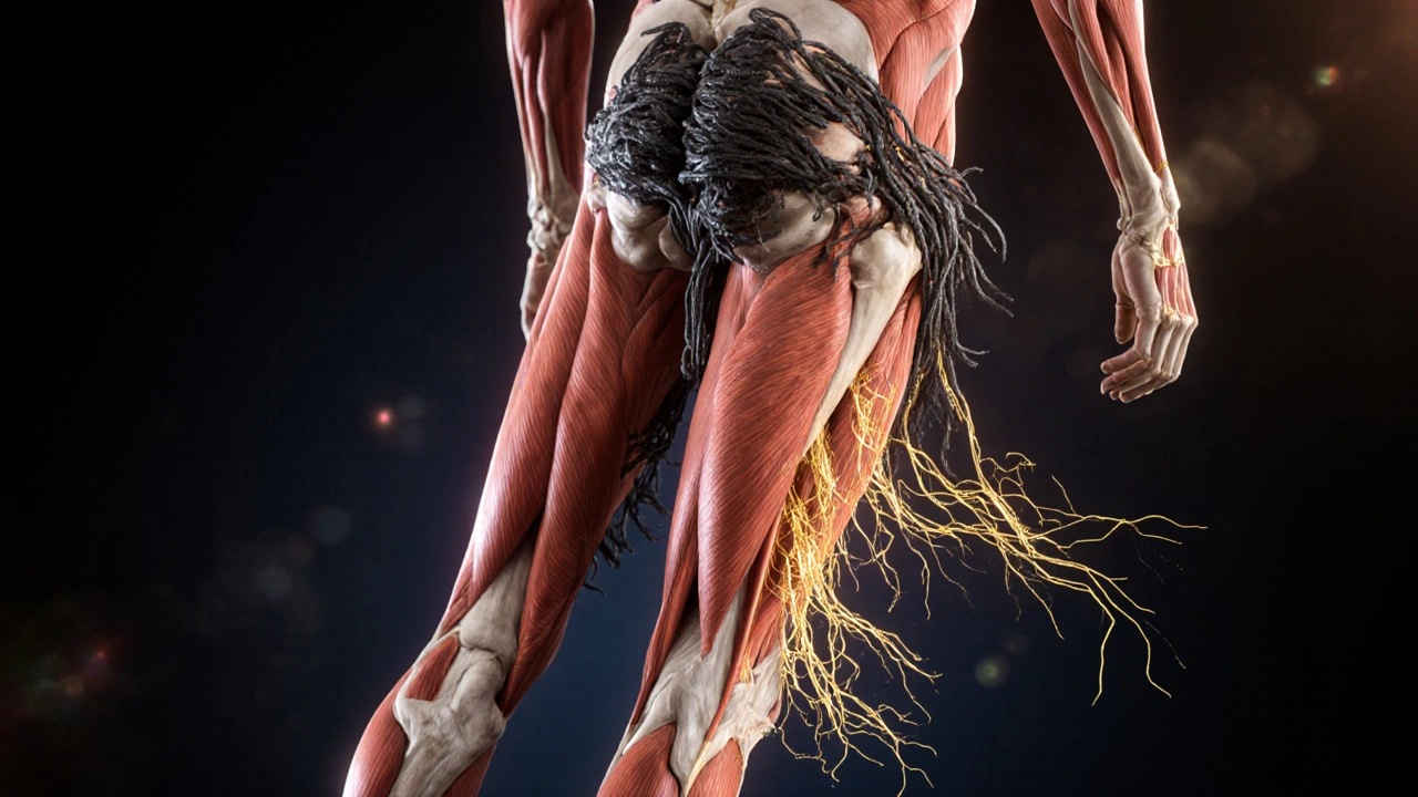 Anatomical illustration showing adhesions in muscle fibers being released into flexible collagen strands.