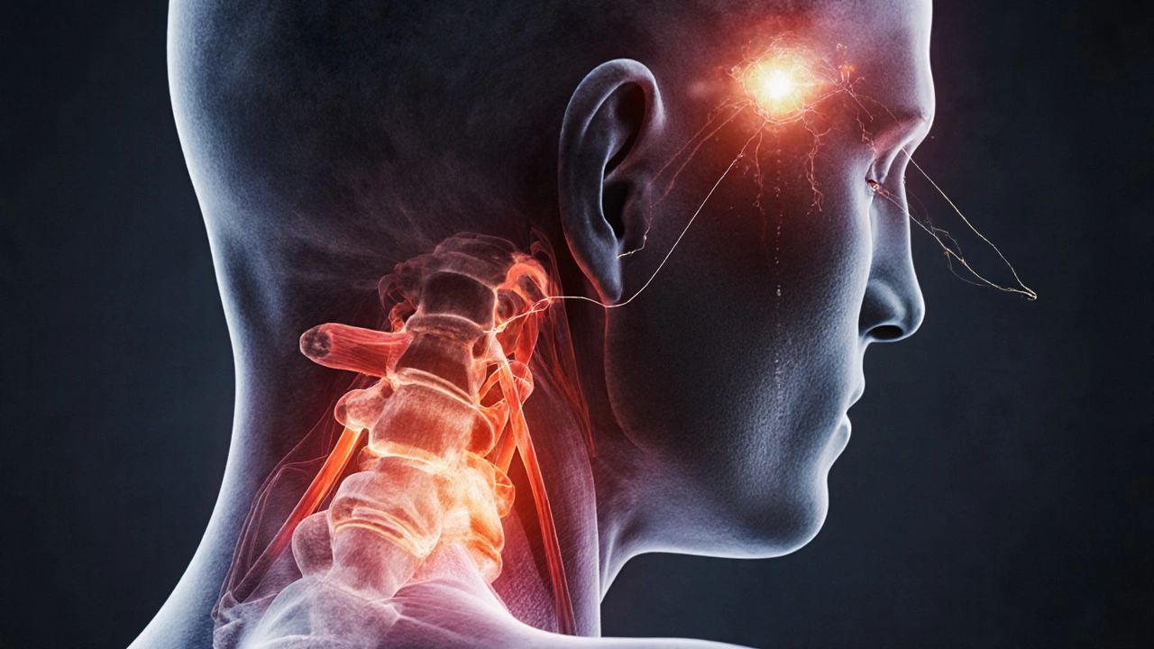 Anatomical illustration showing tension in neck muscles radiating pain to the head.