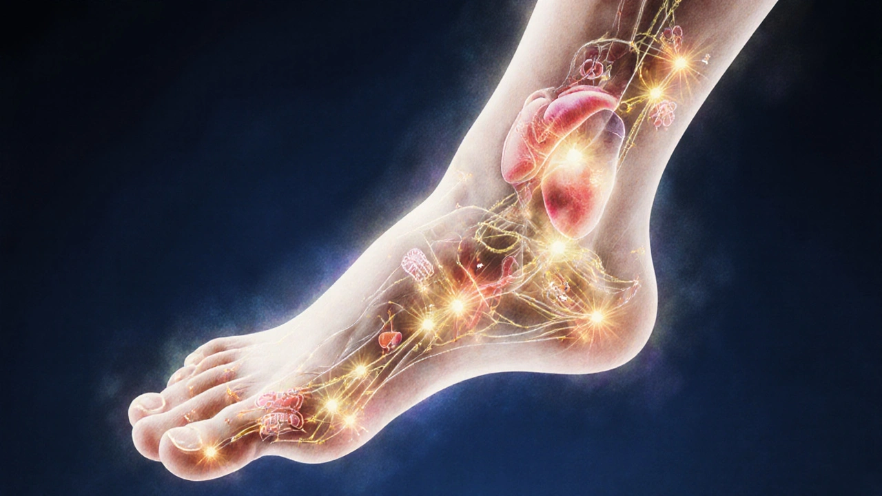 Artistic illustration of a foot with glowing lines connecting pressure points to internal organs.