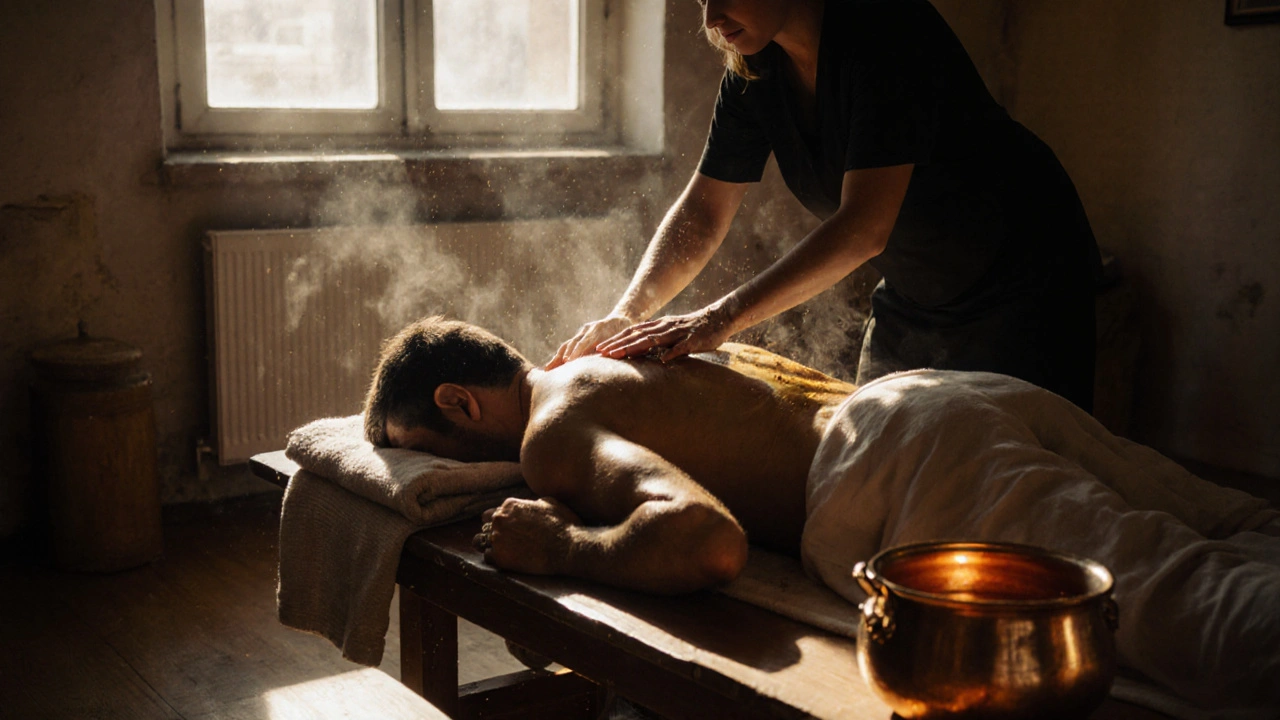Ayurvedic massage therapist applying deep strokes with herbal oil on a client&#039;s back.