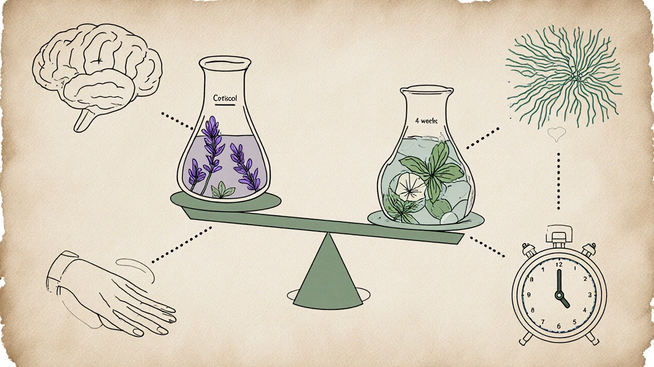 Balance scale with stress hormones on one side and calming essential oils on the other.