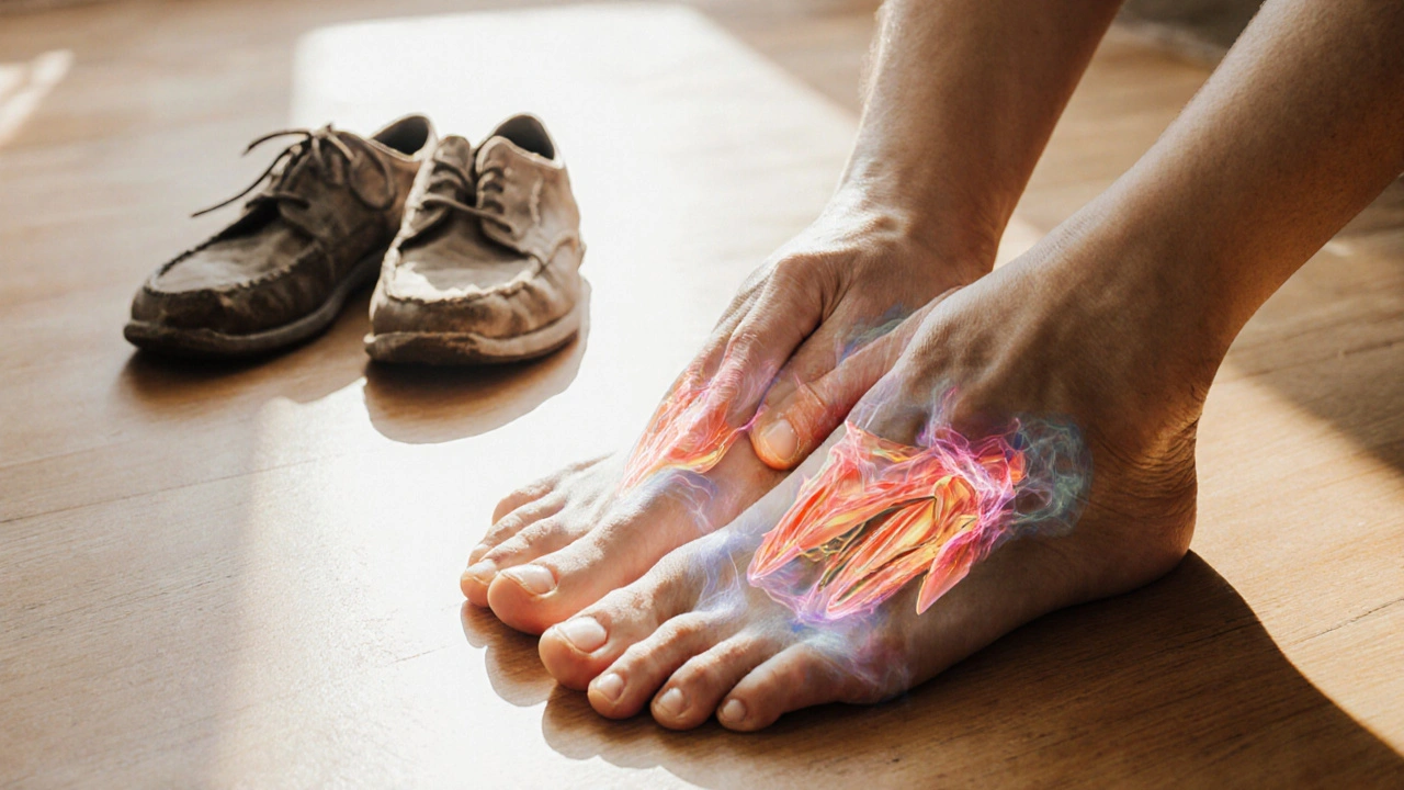 Bare feet receiving massage beside discarded shoes, symbolizing self-care and renewal.