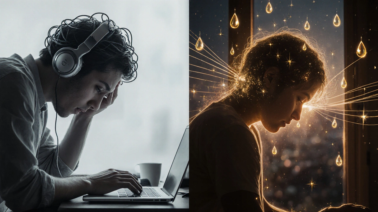 Before and after contrast: stressed office worker transformed into a relaxed, balanced individual after Indian massage.