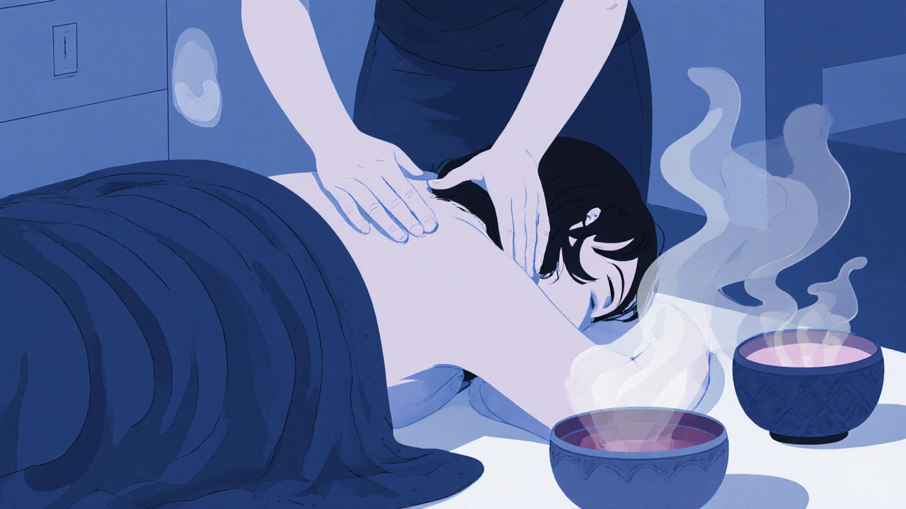 Client wrapped in a weighted blanket during a trauma-informed massage with a sound bowl nearby.