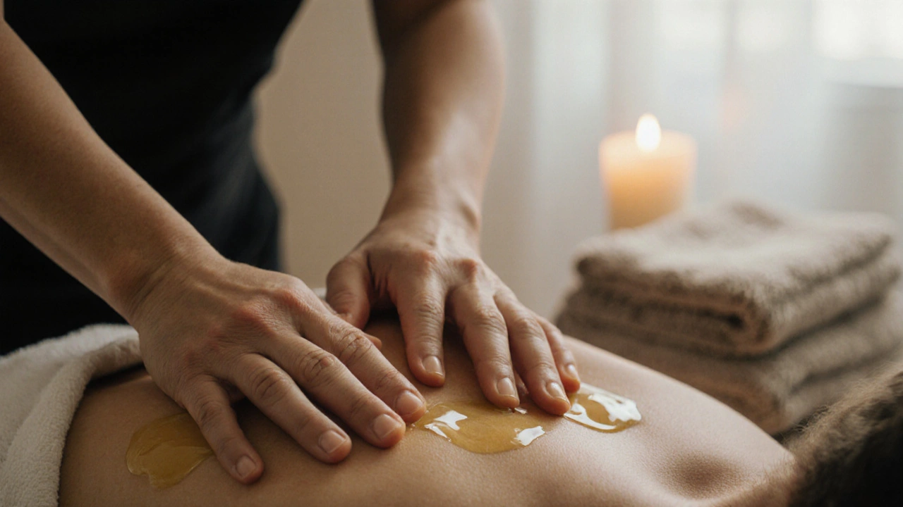 Close-up of hands kneading and applying circular friction techniques on upper back muscles during a massage.