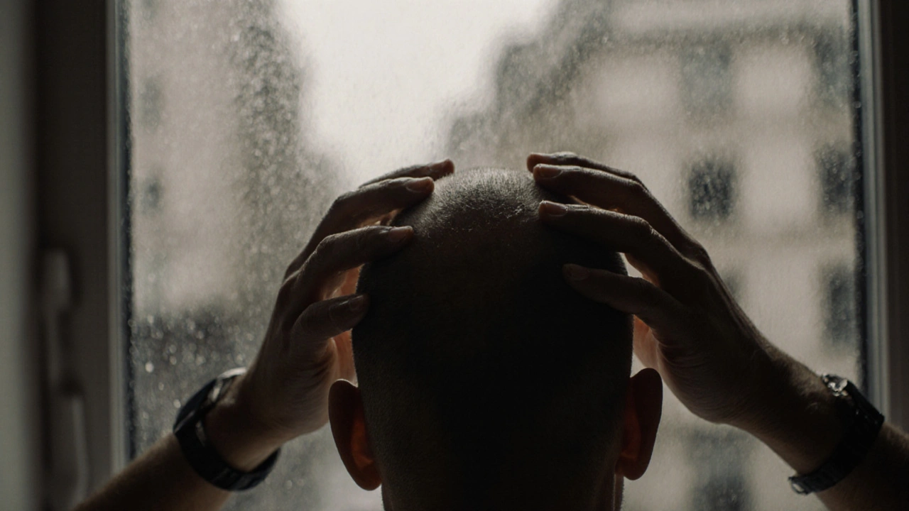 Close-up of hands performing an Indian Head Massage on a shaved scalp with natural oils glistening under soft light.
