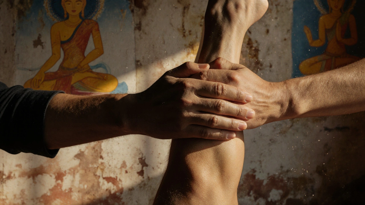 Close-up of therapist and client&#039;s hands clasped as the client&#039;s leg is gently lifted in a yoga-inspired pose.