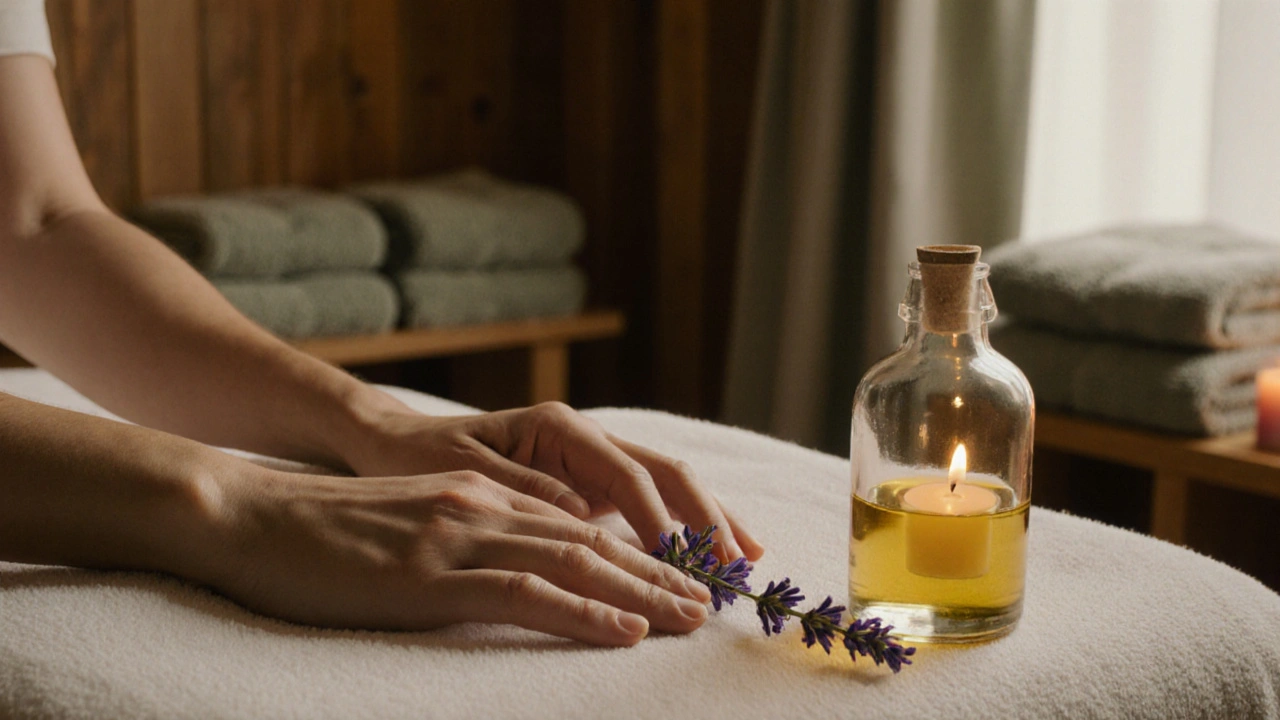 Close-up of two hands resting together on a massage table with lavender and candlelight.