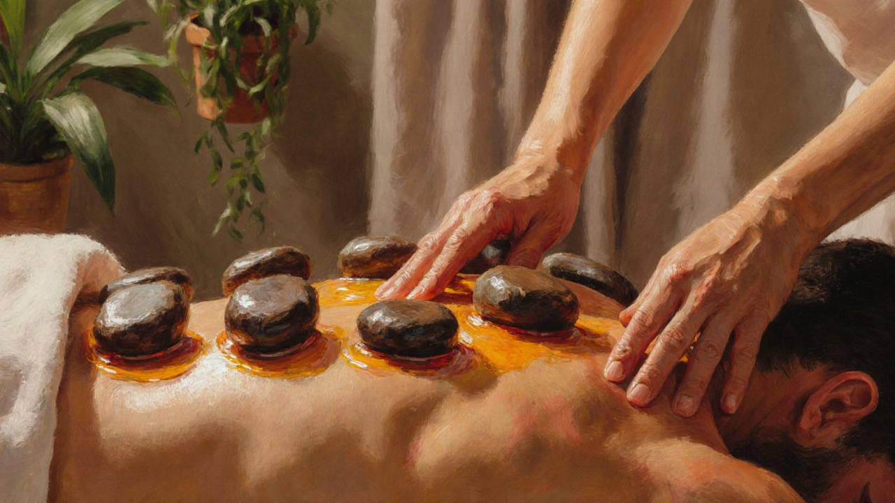 Close-up of warm volcanic stones placed on a relaxed person&#039;s spine and palms during a massage.