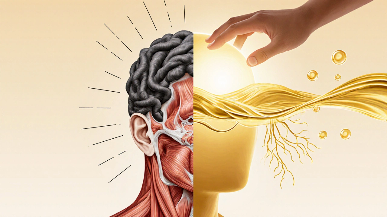 Conceptual image showing tension transforming into calm through scalp massage.