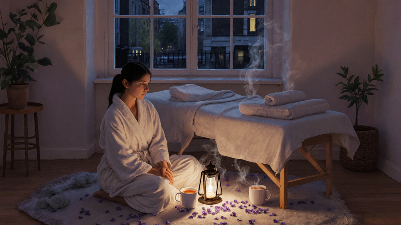 Couples sitting quietly together after a massage, sipping tea in a cozy London home.