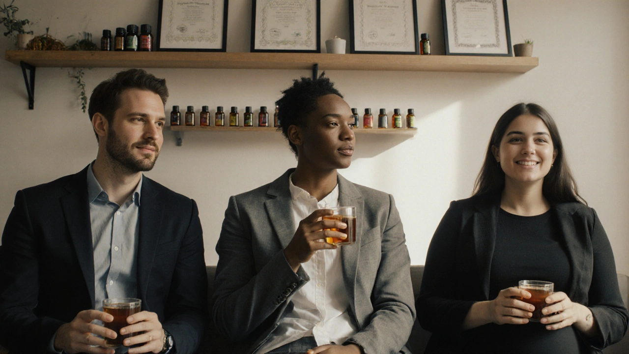 Diverse clients relaxing in a clinic waiting area with herbal tea, surrounded by organic oils and certifications.