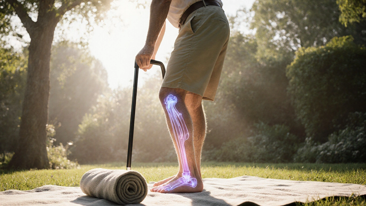 Elderly man standing confidently without a cane, one foot gently pressing on a towel in a sunlit garden.