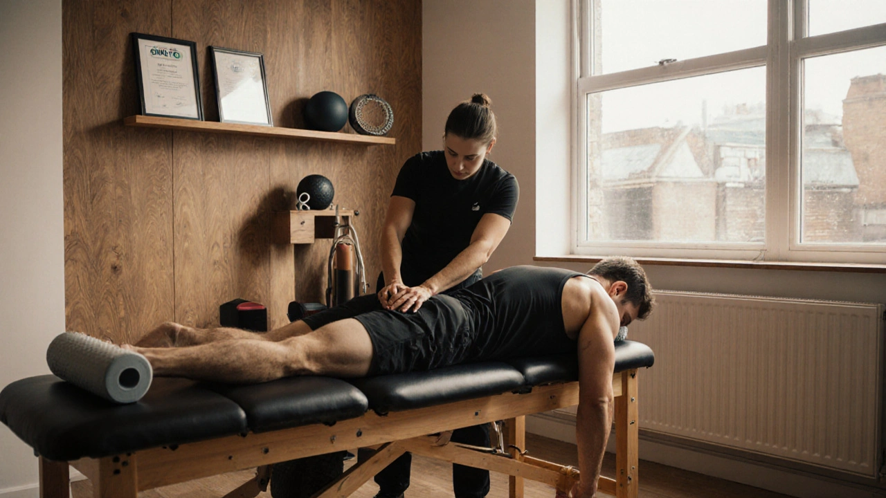 Fitness client getting sports massage in a calm London clinic with professional equipment visible.