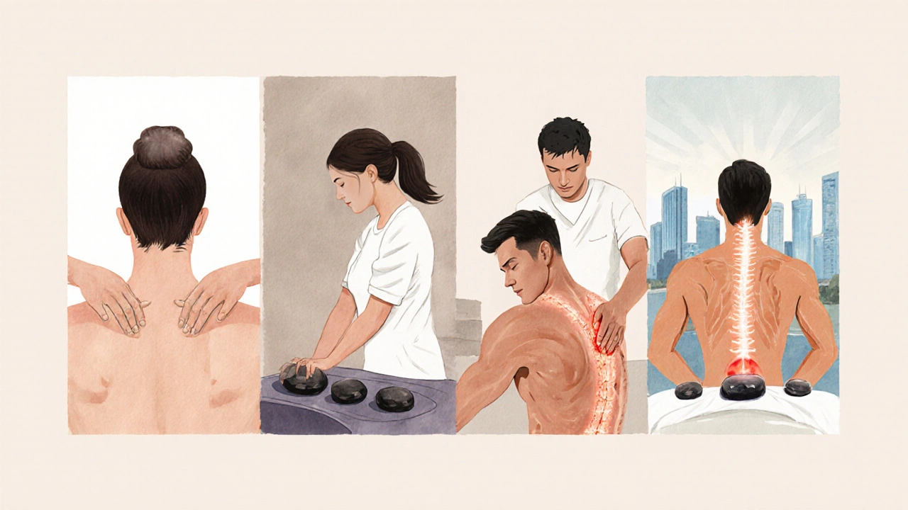 Four different massage techniques illustrated side by side: Swedish, deep tissue, sports, and hot stone.