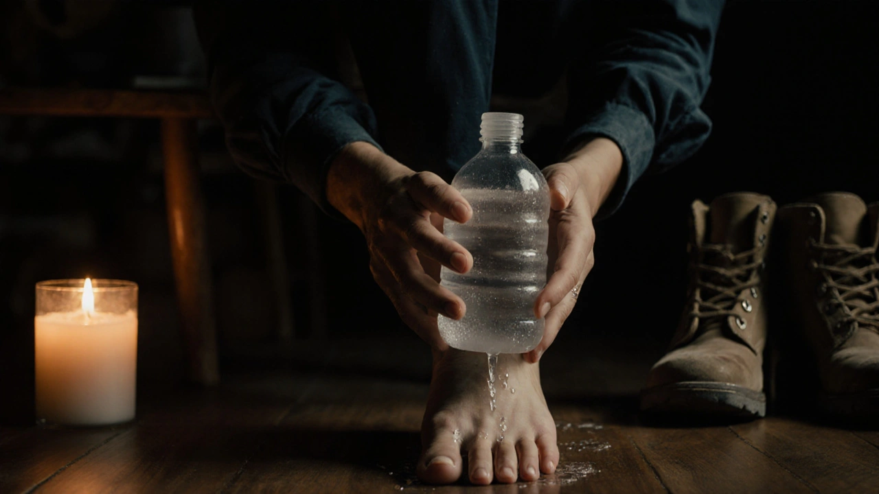 Frozen water bottle being rolled under a foot at night, candlelight glowing softly in background.