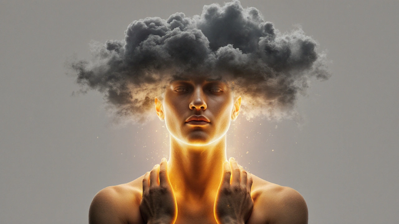 Golden light releasing from shoulders as dark storm clouds dissolve above a relaxed person.