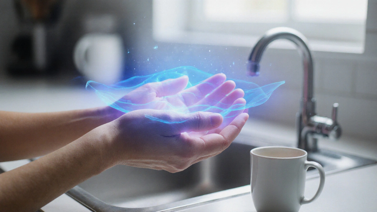 Hands engaged in gentle hand massage with calming light radiating from the pressure point.