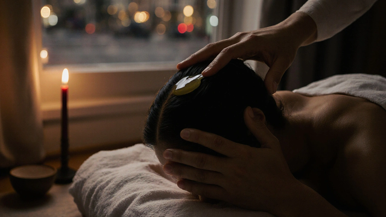 Hands performing a home head massage with warm coconut oil on a scalp at dusk.