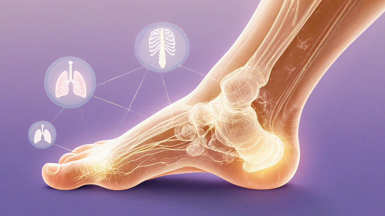 Illustrated foot with glowing nerve pathways connecting pressure points to body organs.