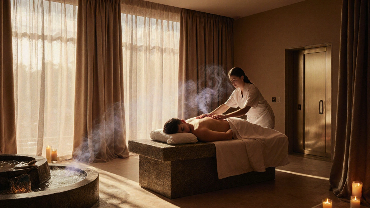 Luxurious spa room with soft lighting, heated massage table, and lavender mist, creating a tranquil sensory escape.