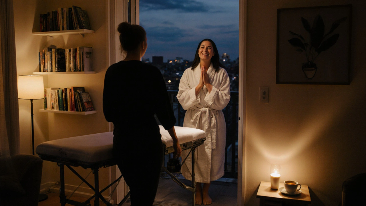 Mobile massage therapist arriving at a home in Melbourne for an in-call session at dusk.