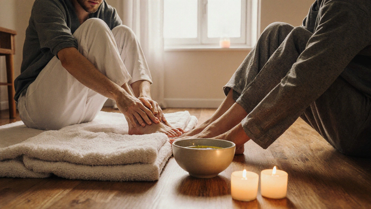 One partner massaging the other’s feet at home, candles glowing, towels and oil on the floor, natural light streaming in.