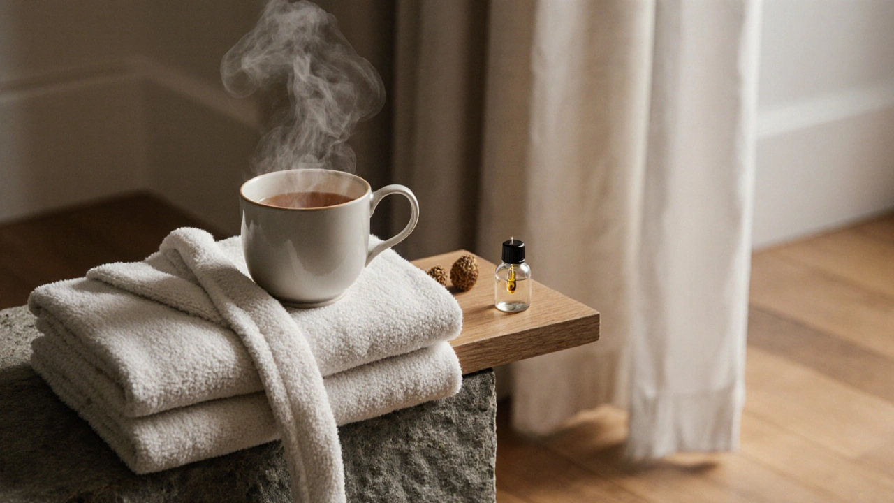 Organic cotton robes and a steaming ceramic teacup on a stone shelf, symbolizing quiet luxury and mindful relaxation.