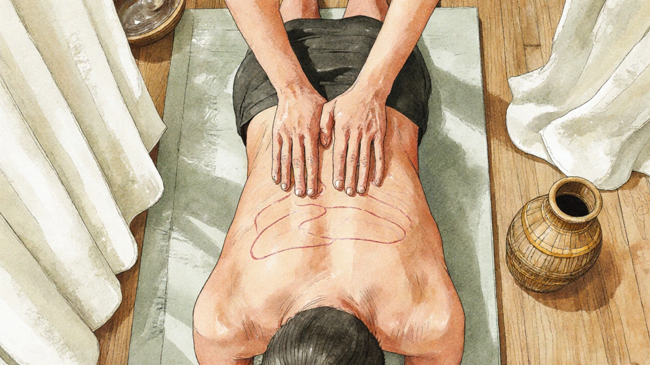 Overhead view of a Thai massage therapist using feet to press along a client&#039;s back during a stretch.